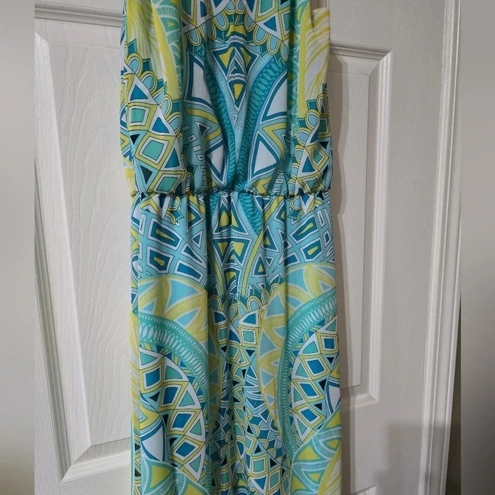 MSK Geometric Print Maxi Dress, Jeweled Halter Neckline, Stretchy Waist, EUC! - Picture 4 of 11